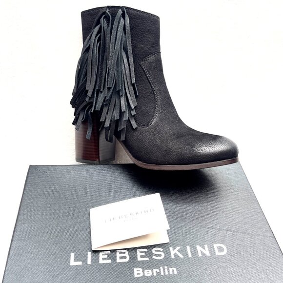 NIB Anthropologie Liebeskind Berlin Suede Fringe Nubuck Black Chunky Ankle Boot - Picture 9 of 10